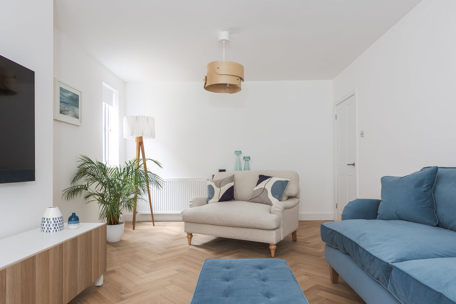 Shore Drift herringbone in a modern living room