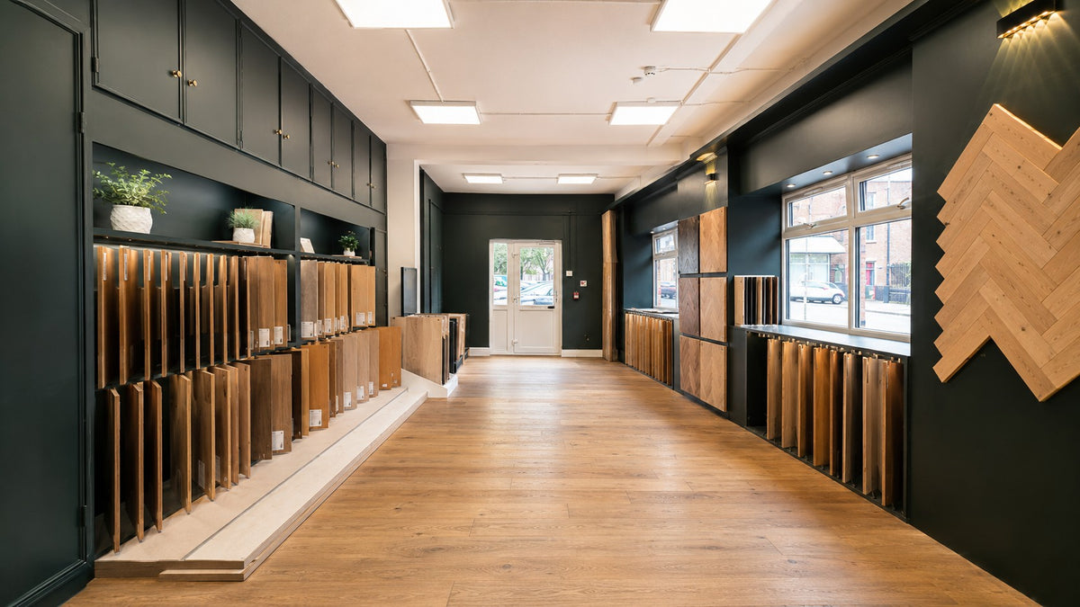 Inside the AK Hardwood Weybridge showroom — oak sample boards and herringbone displays