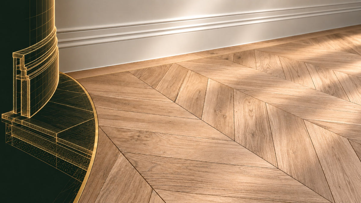 Chevron oak floor with a gold line-art cutaway of the subfloor and skirting beneath, curved oak border and solid brass inlay — a project in Ashley Park, Walton-on-Thames