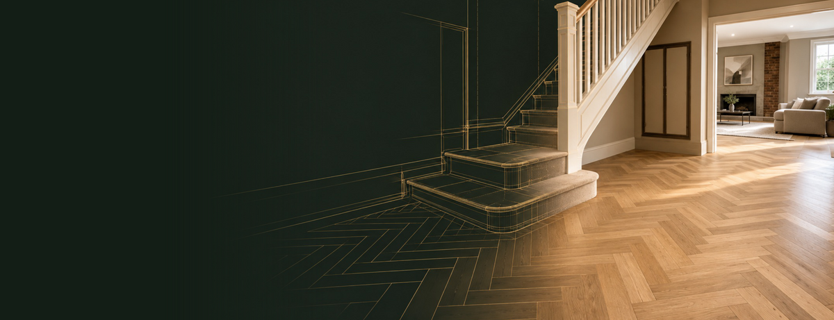 Engineered oak herringbone hallway floor and staircase supplied and fitted by AK Hardwood Flooring in Surrey, with a gold line-art cutaway of the subfloor beneath