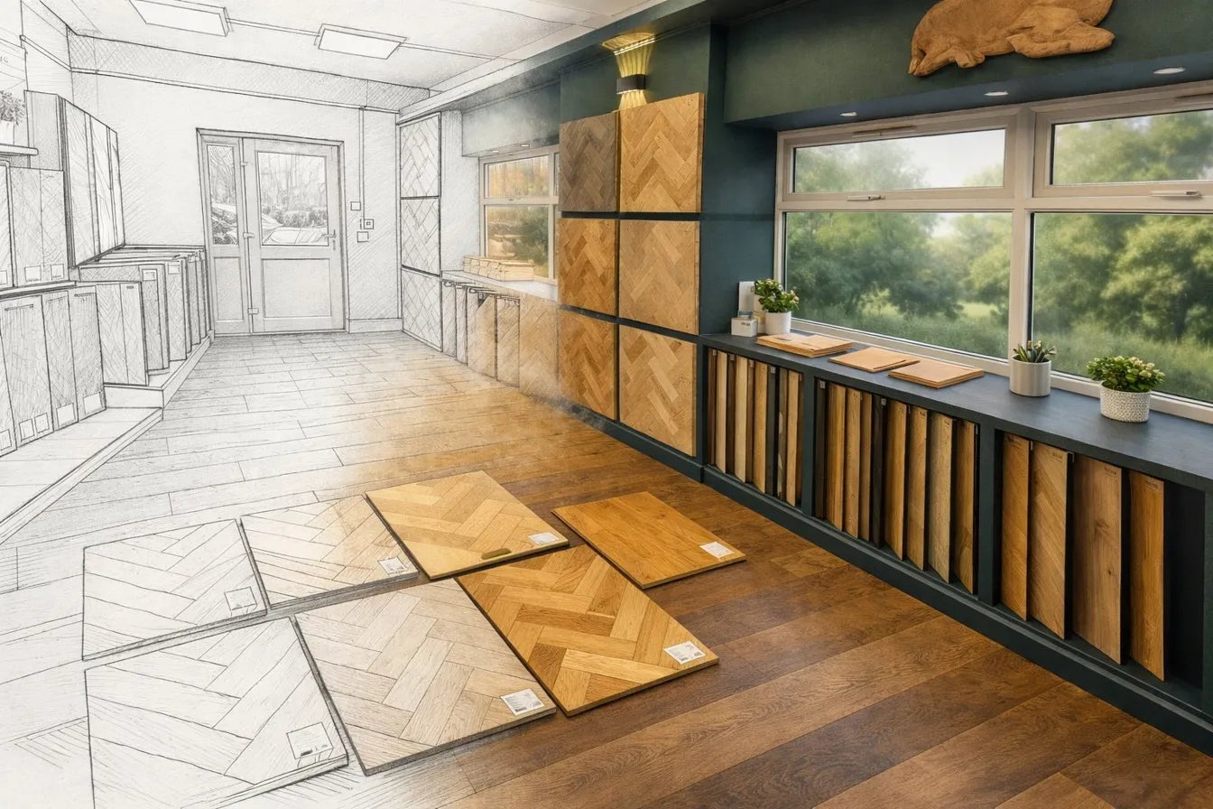 AK Hardwood Weybridge showroom — sample displays and parquet flooring